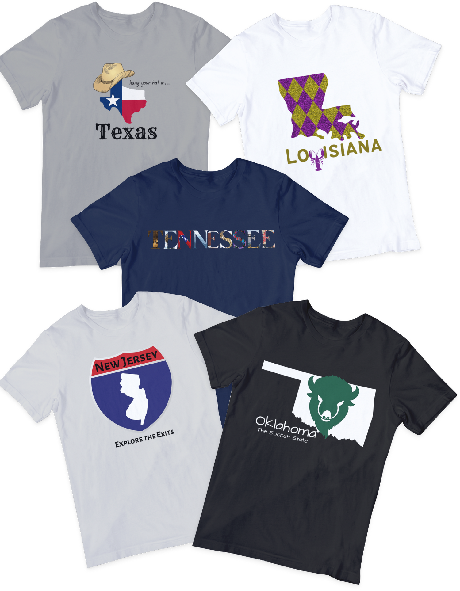 Collage of state t-shirts including: New Jersey, Oklahoma, Tennessee, Texas and Louisiana