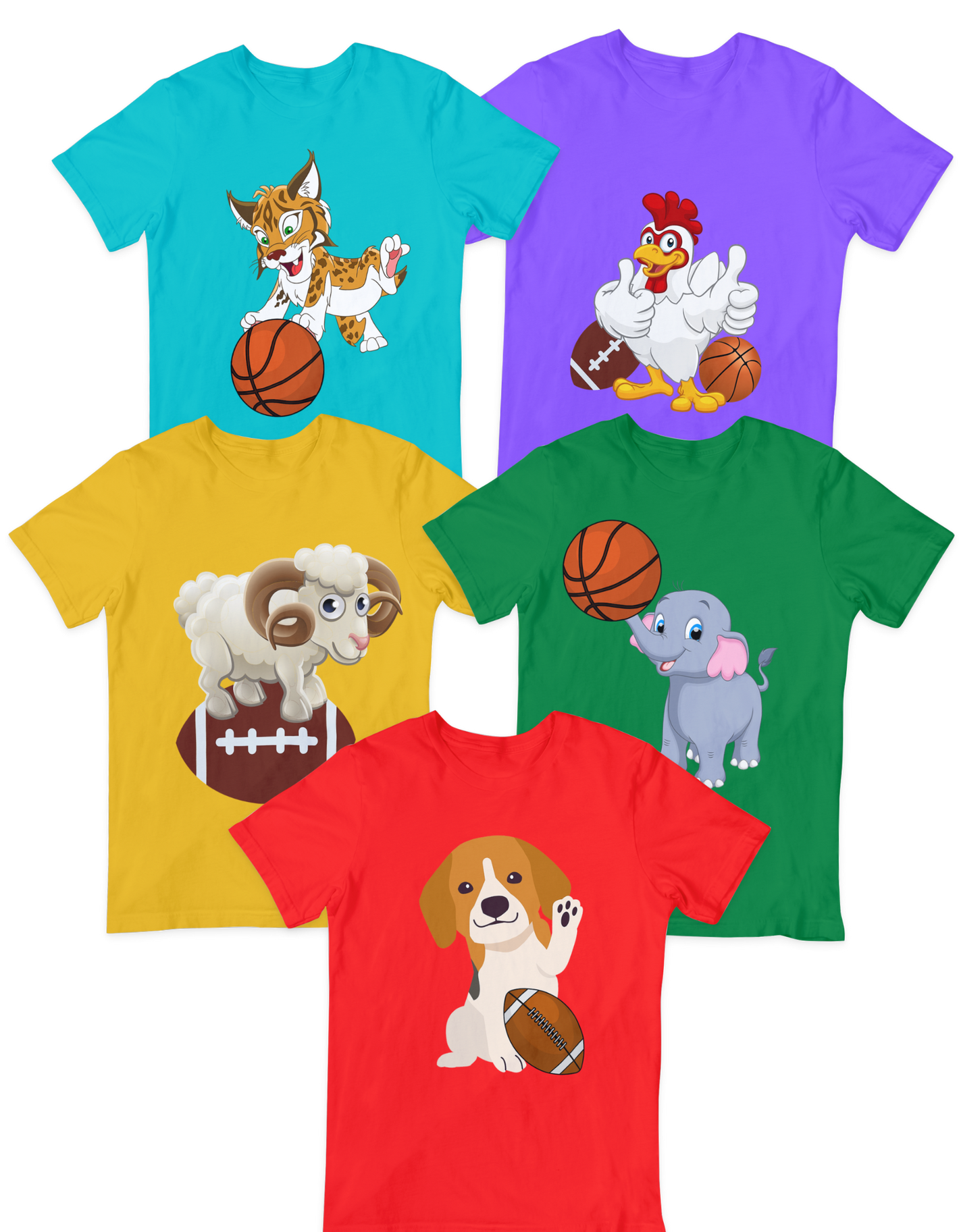 Collage of sports animal t-shirts including: Dashing Dog, Rambunctious Ram, Enchanting Elephant, Carefree Cat and Ravishing Rooster. 