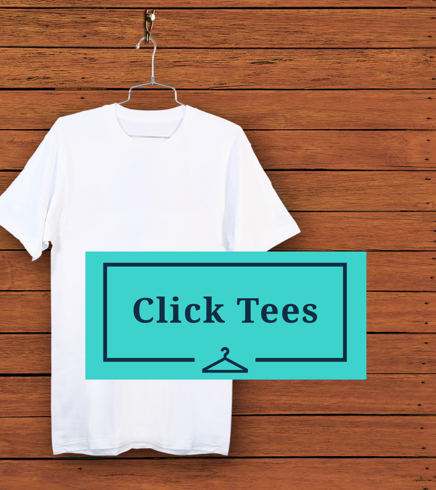 Click Tees Logo on the front of a white t-shirt with a wooden plank background
